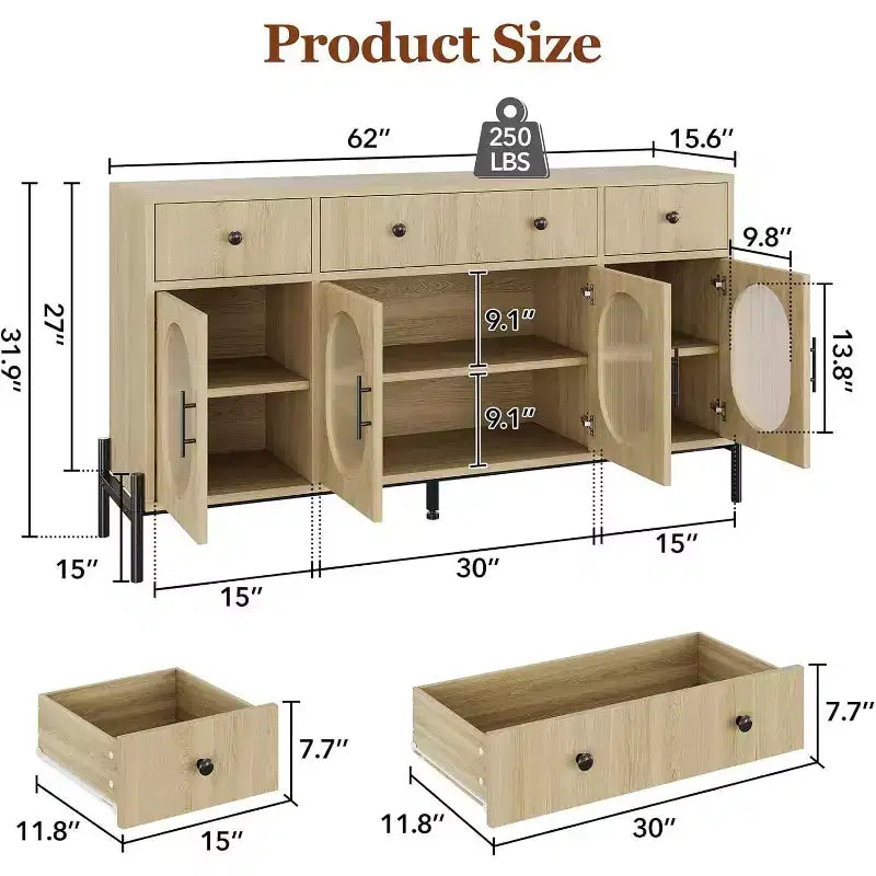 62 Modern Buffet Cabinet with Storage, 3 Drawers & 4 Fluted Glass Doors, Wooden Sideboard Console Table for Kitchen, Dining Room, Coffee Bar