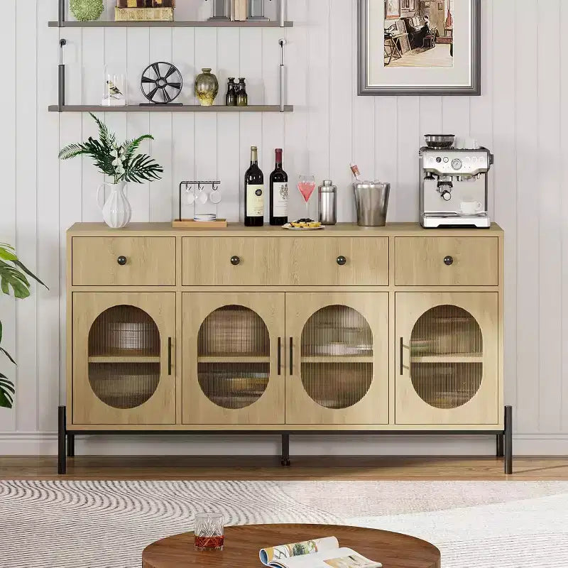62 Modern Buffet Cabinet with Storage, 3 Drawers & 4 Fluted Glass Doors, Wooden Sideboard Console Table for Kitchen, Dining Room, Coffee Bar
