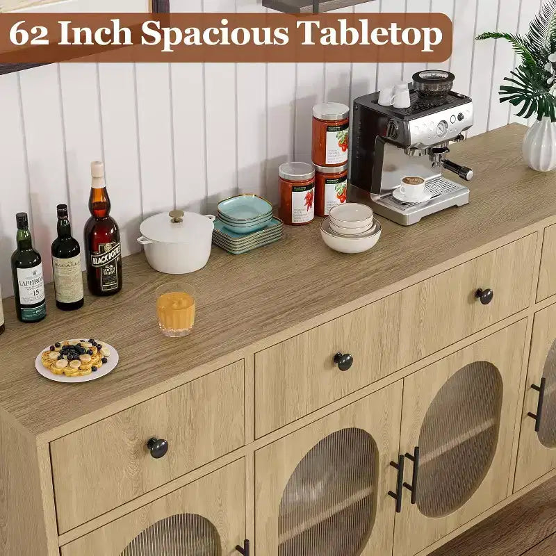 62 Modern Buffet Cabinet with Storage, 3 Drawers & 4 Fluted Glass Doors, Wooden Sideboard Console Table for Kitchen, Dining Room, Coffee Bar