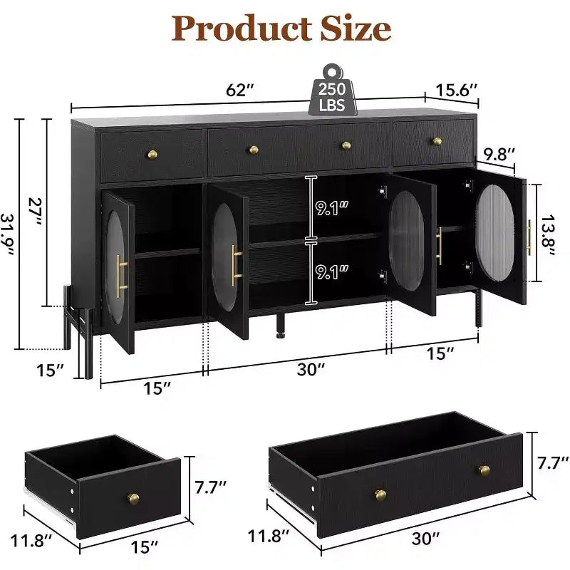 62 Modern Buffet Cabinet with Storage, 3 Drawers & 4 Fluted Glass Doors, Wooden Sideboard Console Table for Kitchen, Dining Room, Coffee Bar