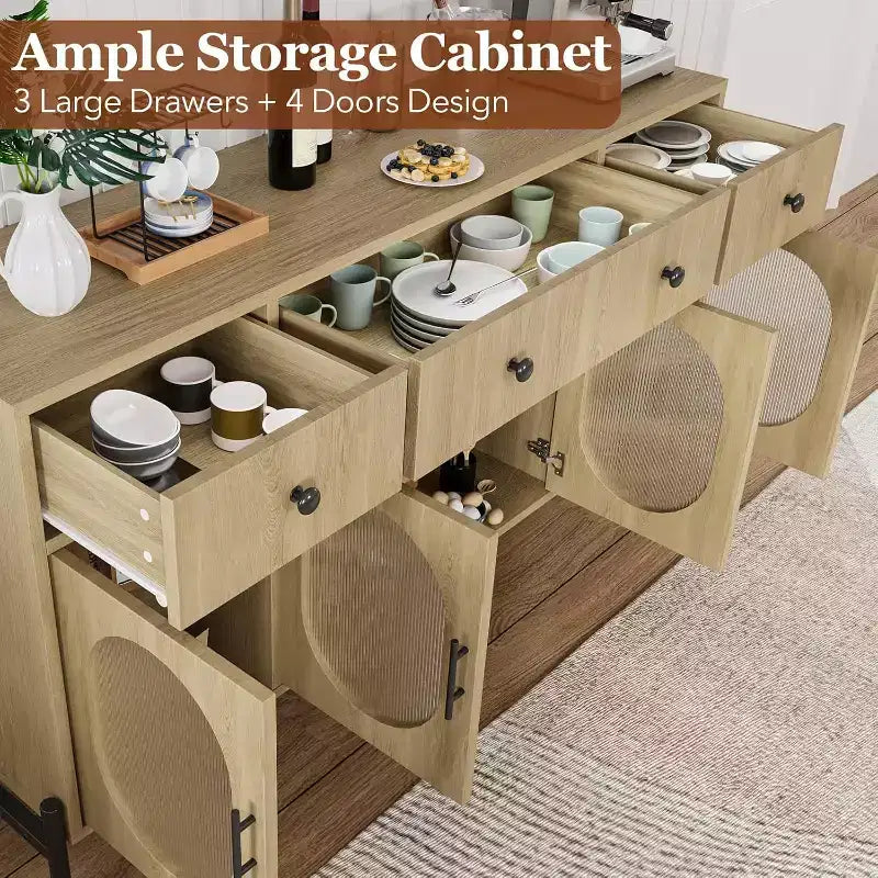 62 Modern Buffet Cabinet with Storage, 3 Drawers & 4 Fluted Glass Doors, Wooden Sideboard Console Table for Kitchen, Dining Room, Coffee Bar