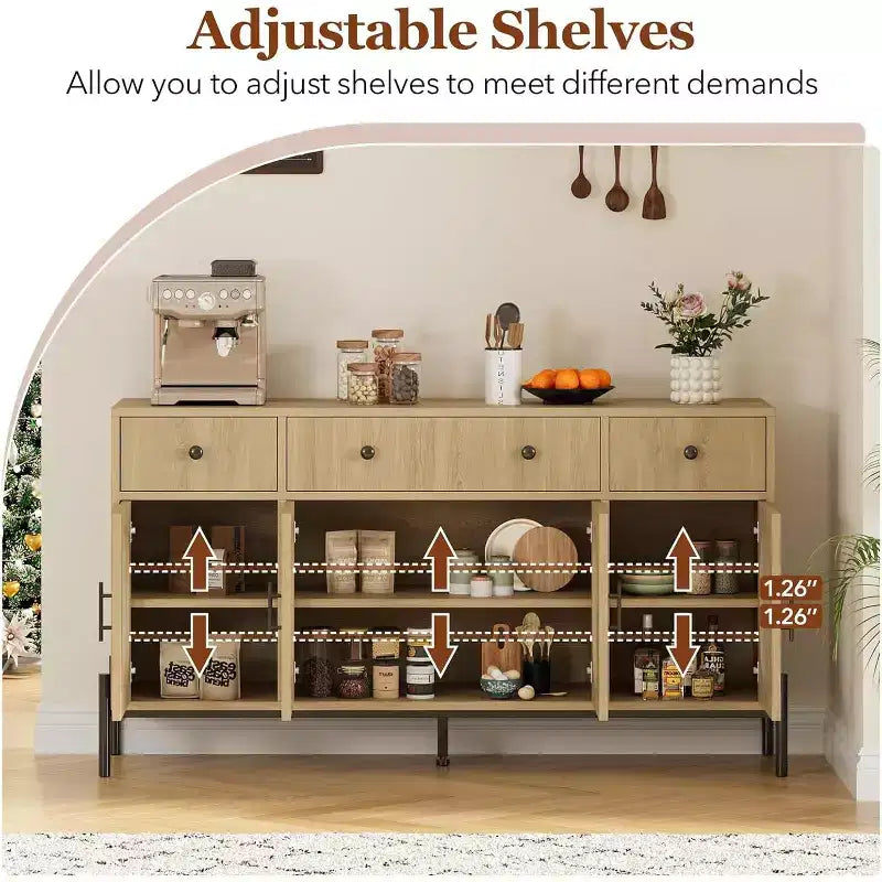 62 Modern Buffet Cabinet with Storage, 3 Drawers & 4 Fluted Glass Doors, Wooden Sideboard Console Table for Kitchen, Dining Room, Coffee Bar
