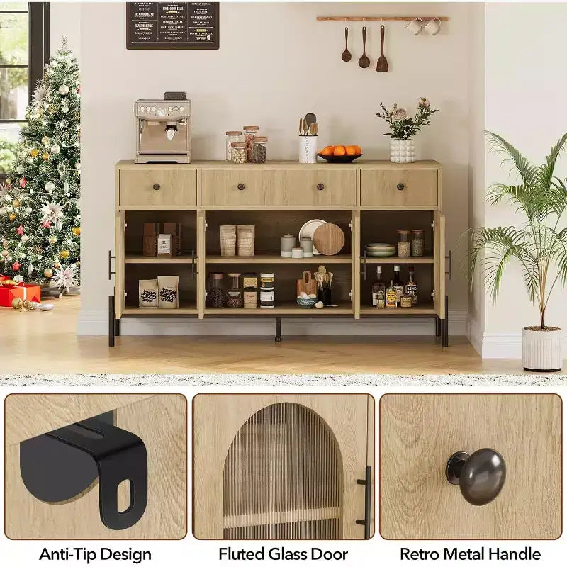 62 Modern Buffet Cabinet with Storage, 3 Drawers & 4 Fluted Glass Doors, Wooden Sideboard Console Table for Kitchen, Dining Room, Coffee Bar