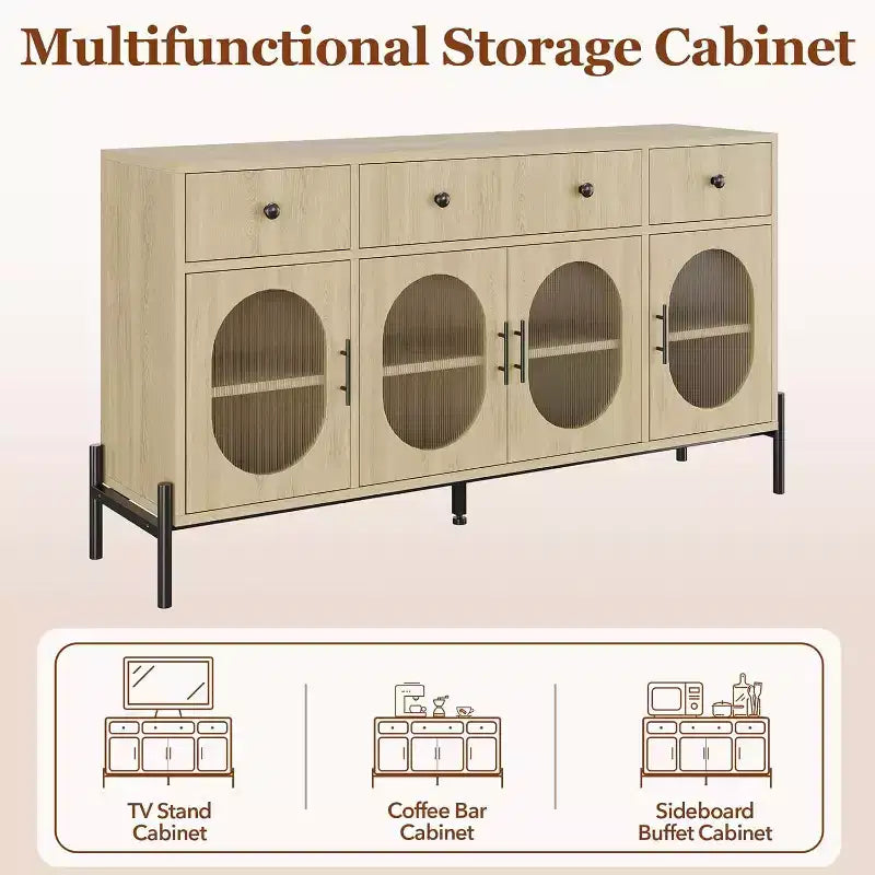 62 Modern Buffet Cabinet with Storage, 3 Drawers & 4 Fluted Glass Doors, Wooden Sideboard Console Table for Kitchen, Dining Room, Coffee Bar