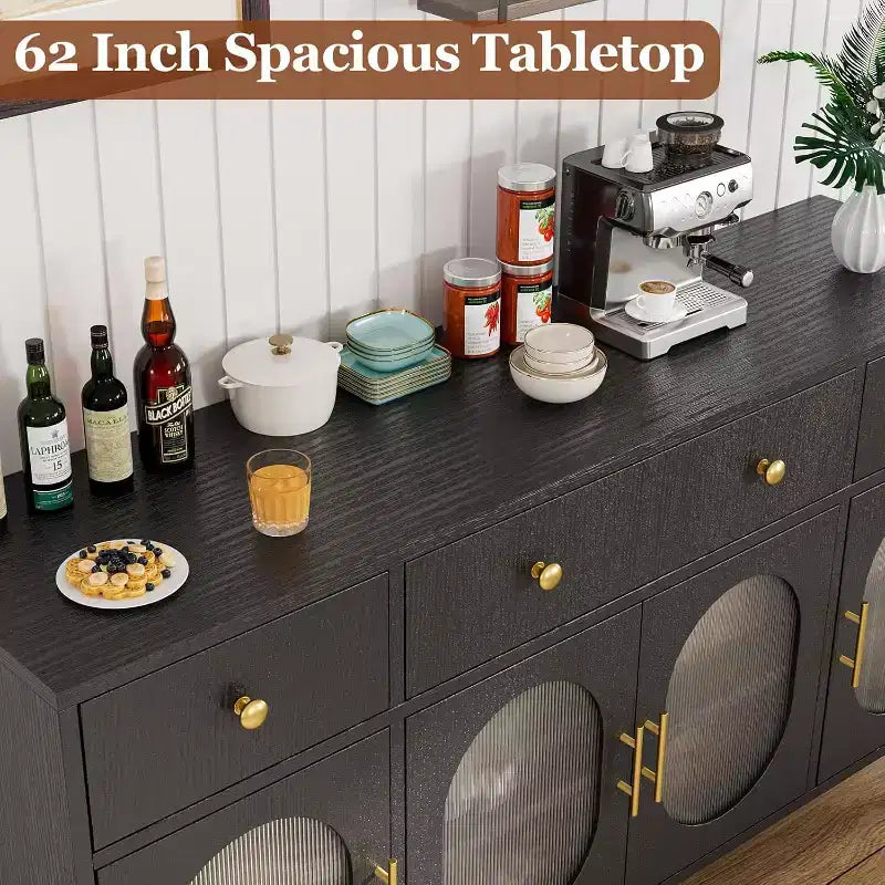 62 Modern Buffet Cabinet with Storage, 3 Drawers & 4 Fluted Glass Doors, Wooden Sideboard Console Table for Kitchen, Dining Room, Coffee Bar