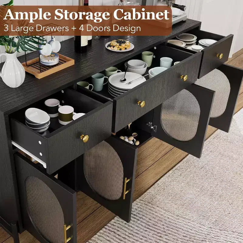 62 Modern Buffet Cabinet with Storage, 3 Drawers & 4 Fluted Glass Doors, Wooden Sideboard Console Table for Kitchen, Dining Room, Coffee Bar