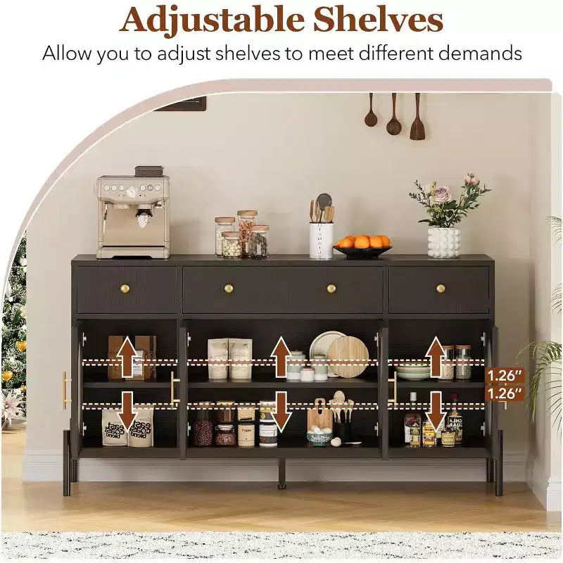 62 Modern Buffet Cabinet with Storage, 3 Drawers & 4 Fluted Glass Doors, Wooden Sideboard Console Table for Kitchen, Dining Room, Coffee Bar