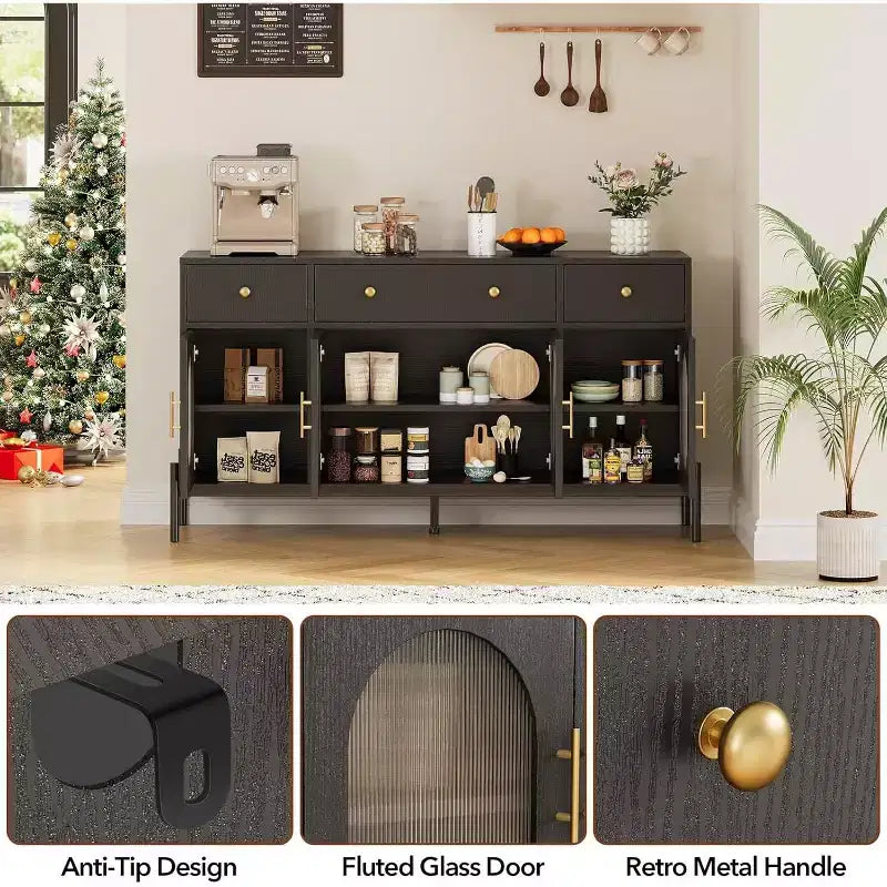 62 Modern Buffet Cabinet with Storage, 3 Drawers & 4 Fluted Glass Doors, Wooden Sideboard Console Table for Kitchen, Dining Room, Coffee Bar