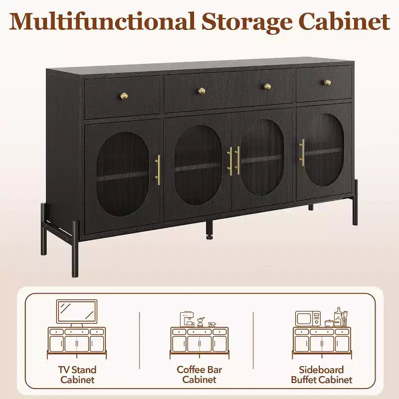 62 Modern Buffet Cabinet with Storage, 3 Drawers & 4 Fluted Glass Doors, Wooden Sideboard Console Table for Kitchen, Dining Room, Coffee Bar