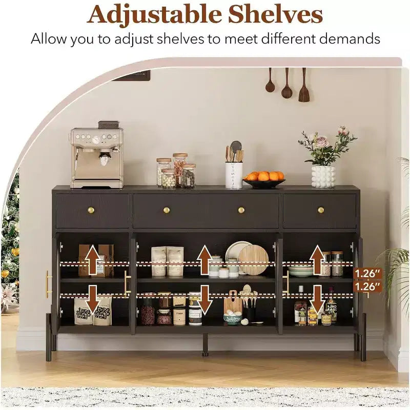 62 Modern Buffet Cabinet with Storage, 3 Drawers & 4 Fluted Glass Doors, Wooden Sideboard Console Table for Kitchen, Dining Room, Coffee Bar