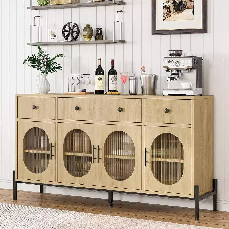 62 Modern Buffet Cabinet with Storage, 3 Drawers & 4 Fluted Glass Doors, Wooden Sideboard Console Table for Kitchen, Dining Room, Coffee Bar
