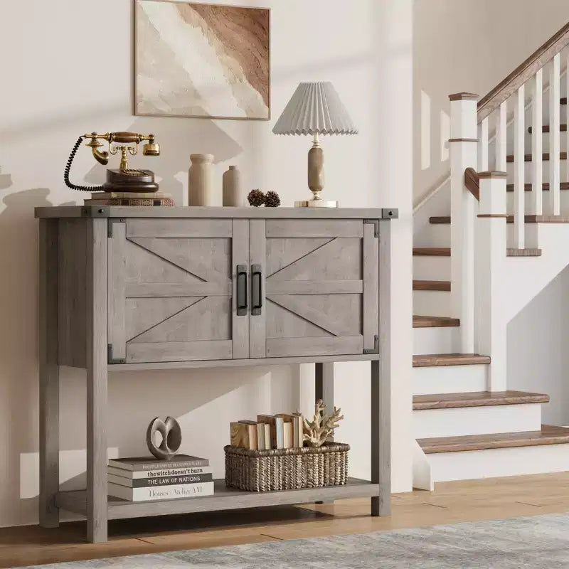Farmhouse Entryway Table - 2-Door Console with Storage Shelf for Living Room & Hallway