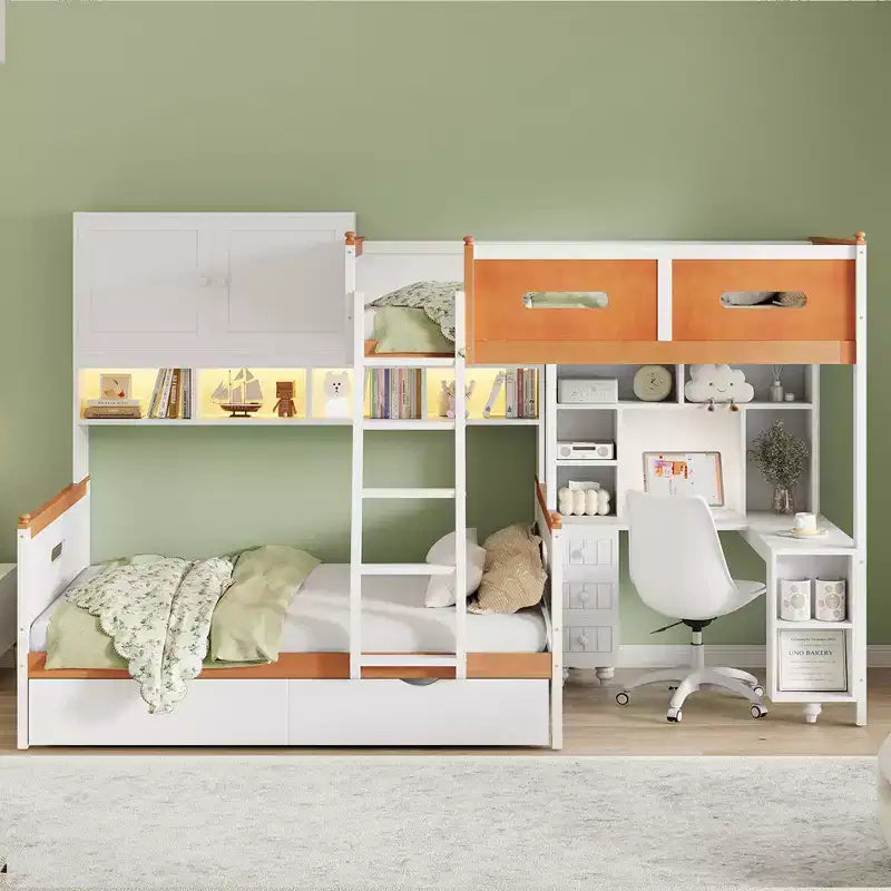 Twin Over Full Wooden Bunk Bed with Desk/Wardrobe, LED Light & Storage Space, White + Orange - ModernLuxe
