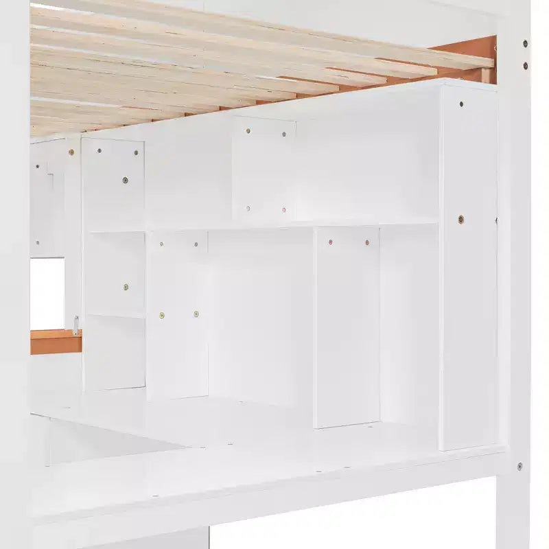 Twin Over Full Wooden Bunk Bed with Desk/Wardrobe, LED Light & Storage Space, White + Orange - ModernLuxe
