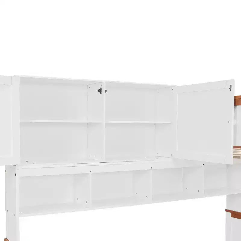 Twin Over Full Wooden Bunk Bed with Desk/Wardrobe, LED Light & Storage Space, White + Orange - ModernLuxe