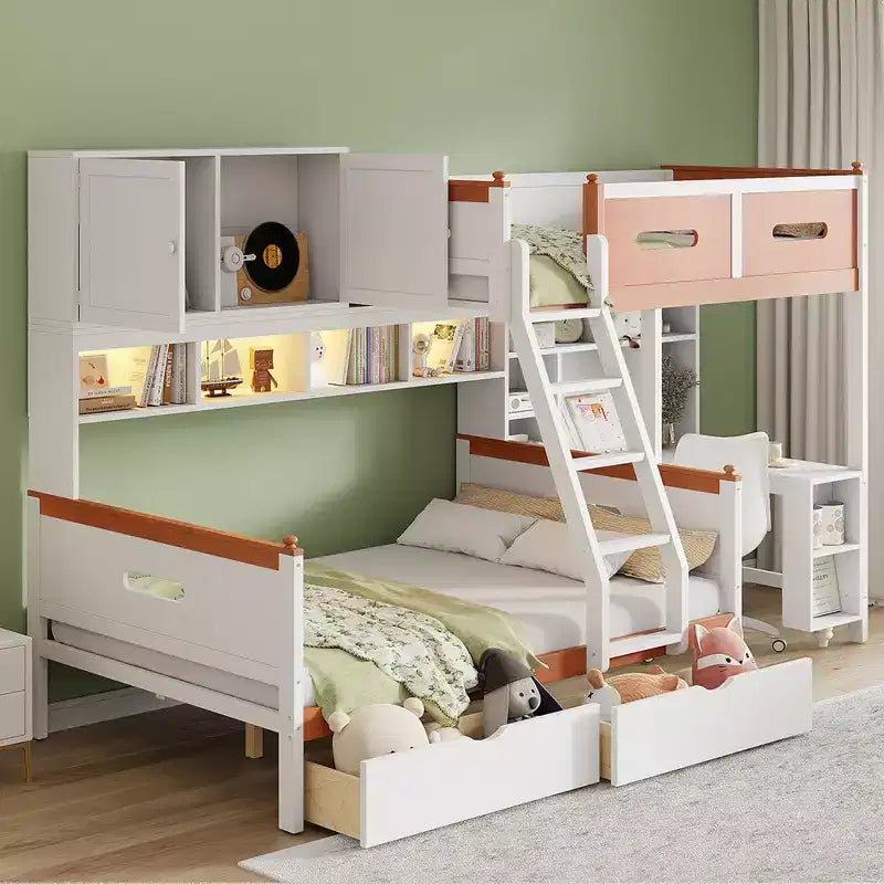 Twin Over Full Wooden Bunk Bed with Desk/Wardrobe, LED Light & Storage Space, White + Orange - ModernLuxe