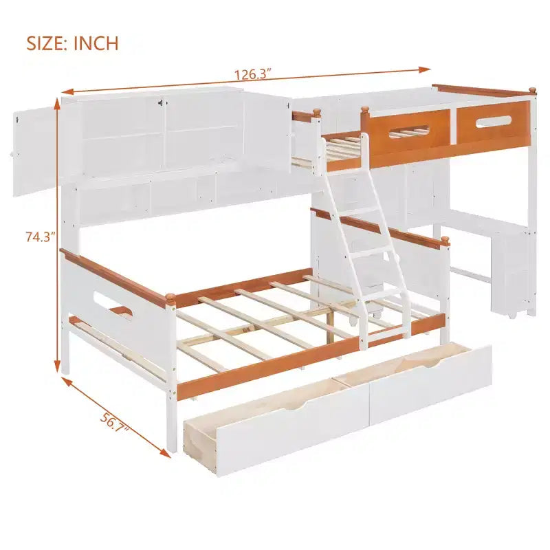 Twin Over Full Wooden Bunk Bed with Desk/Wardrobe, LED Light & Storage Space, White + Orange - ModernLuxe