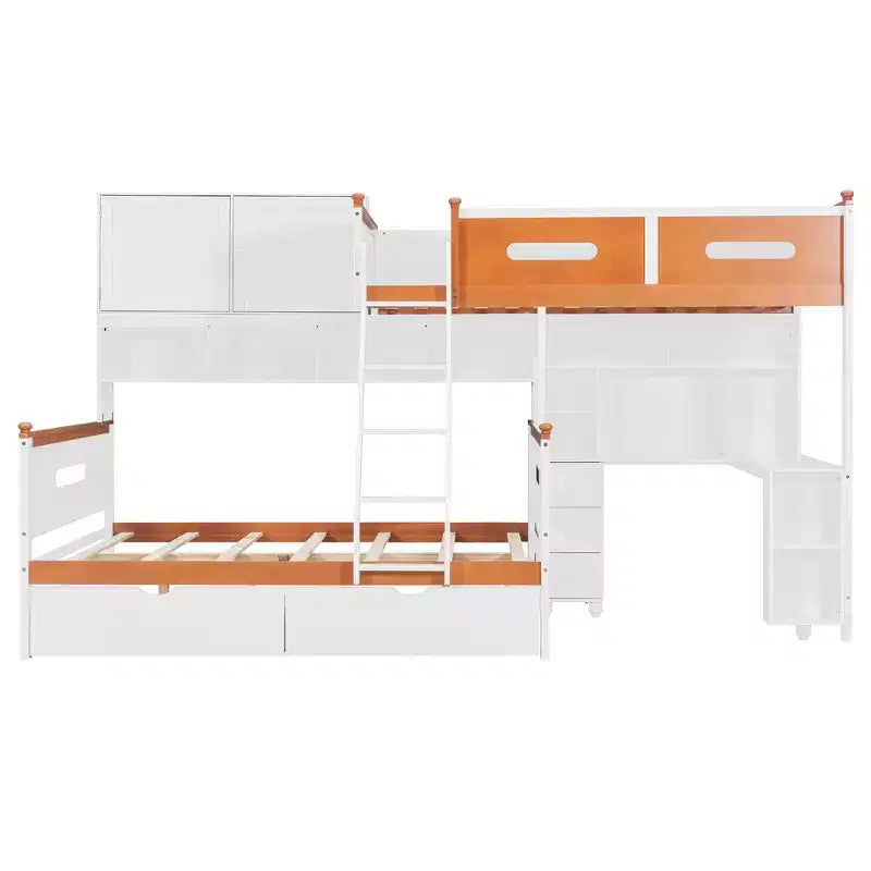 Twin Over Full Wooden Bunk Bed with Desk/Wardrobe, LED Light & Storage Space, White + Orange - ModernLuxe