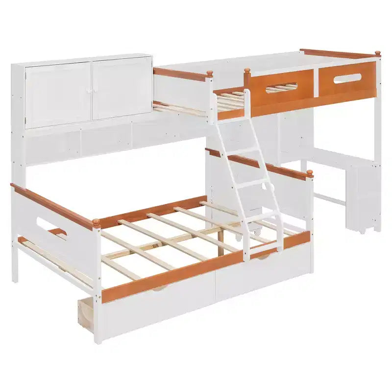 Twin Over Full Wooden Bunk Bed with Desk/Wardrobe, LED Light & Storage Space, White + Orange - ModernLuxe