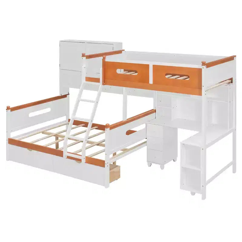 Twin Over Full Wooden Bunk Bed with Desk/Wardrobe, LED Light & Storage Space, White + Orange - ModernLuxe