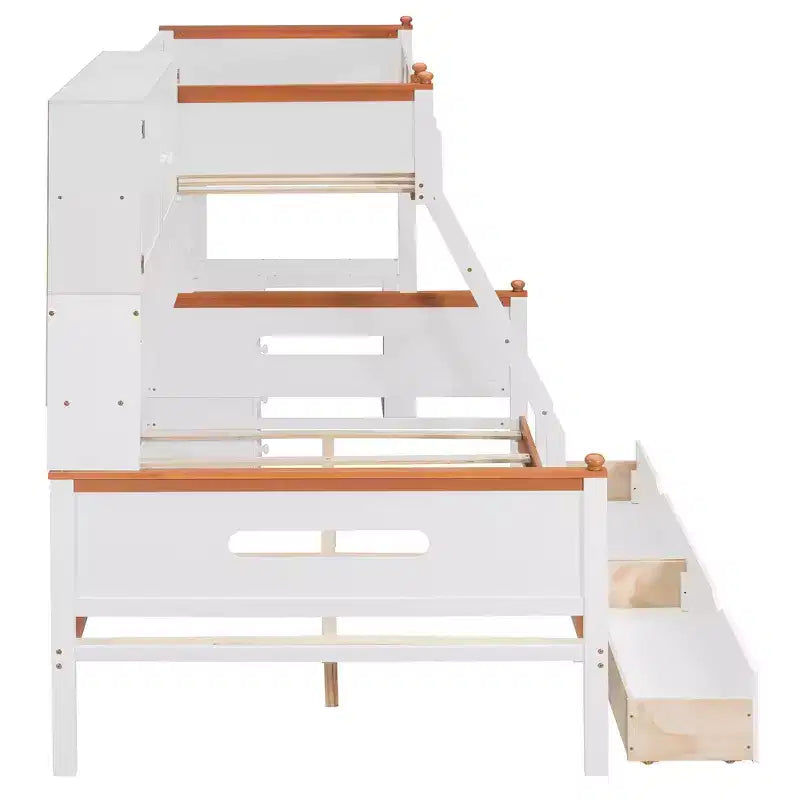Twin Over Full Wooden Bunk Bed with Desk/Wardrobe, LED Light & Storage Space, White + Orange - ModernLuxe