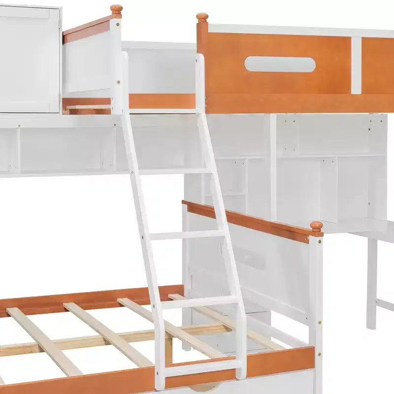 Twin Over Full Wooden Bunk Bed with Desk/Wardrobe, LED Light & Storage Space, White + Orange - ModernLuxe