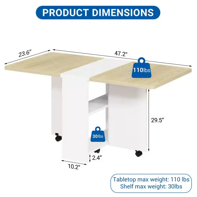 Folding Dining Table, Farmhouse Dining Table for 4 Storage Shelf, 6 Wheels Multipose Expandable Kitchen Drop Leaf Table