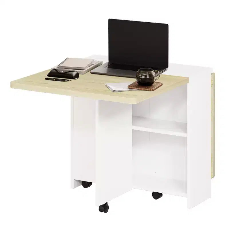 Folding Dining Table, Farmhouse Dining Table for 4 Storage Shelf, 6 Wheels Multipose Expandable Kitchen Drop Leaf Table
