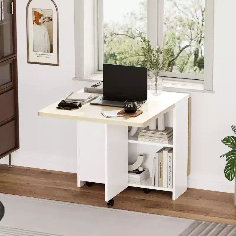 Folding Dining Table, Farmhouse Dining Table for 4 Storage Shelf, 6 Wheels Multipose Expandable Kitchen Drop Leaf Table
