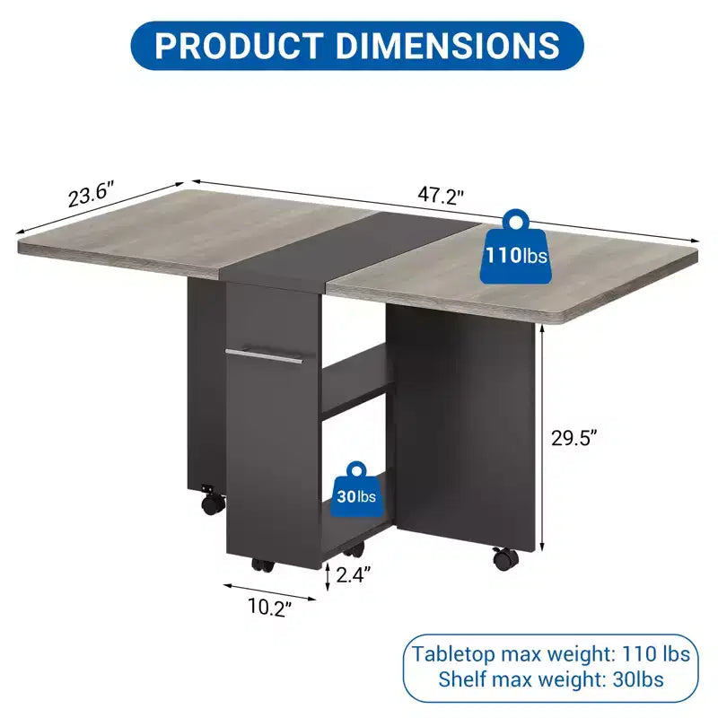 Folding Dining Table, Farmhouse Dining Table for 4 Storage Shelf, 6 Wheels Multipose Expandable Kitchen Drop Leaf Table