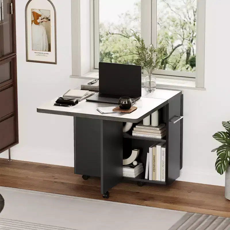 Folding Dining Table, Farmhouse Dining Table for 4 Storage Shelf, 6 Wheels Multipose Expandable Kitchen Drop Leaf Table