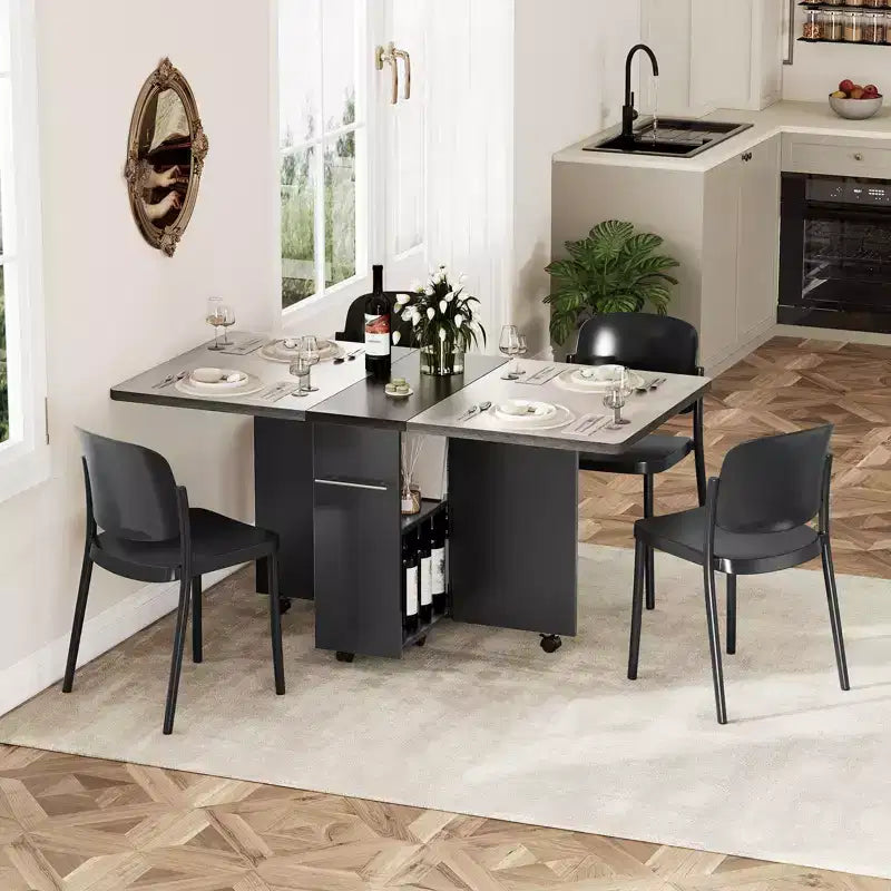 Folding Dining Table, Farmhouse Dining Table for 4 Storage Shelf, 6 Wheels Multipose Expandable Kitchen Drop Leaf Table
