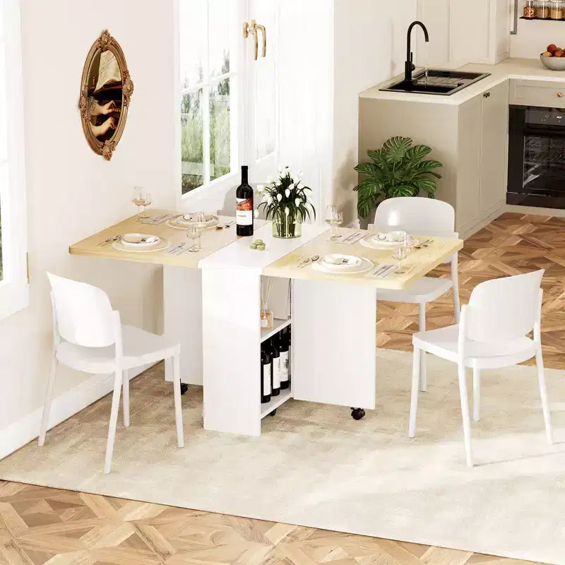 Folding Dining Table, Farmhouse Dining Table for 4 Storage Shelf, 6 Wheels Multipose Expandable Kitchen Drop Leaf Table