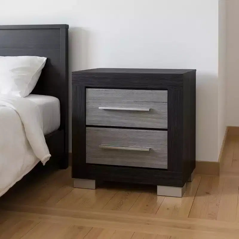 HomeRoots 23 Black And Gray Wood Square Two Drawer Nightstand