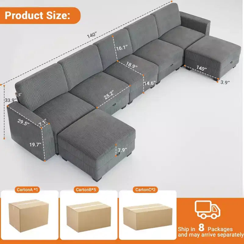 Canapé-lit modulaire GUSTOWAVE de 355 cm de largeur, canapé-lit sectionnel avec 7 sièges modulaires et rangement, méridienne