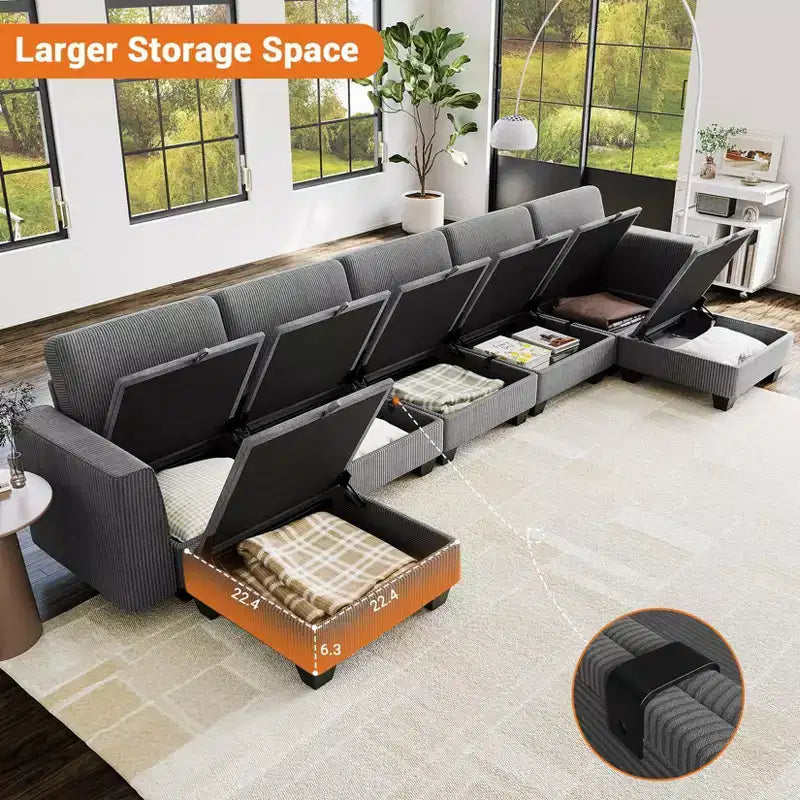 GustoWave 140''W Modular Sleeper Sofa, Sectional Sofa Bed with 7 Seat Modular Couch and Storage, Chaise