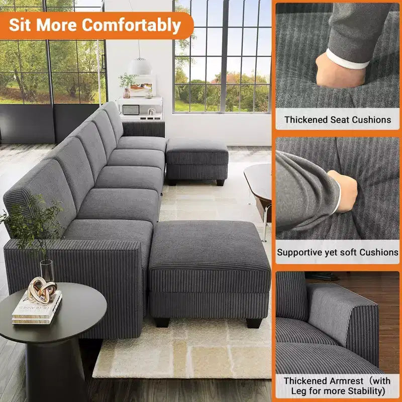 Canapé-lit modulaire GUSTOWAVE de 355 cm de largeur, canapé-lit sectionnel avec 7 sièges modulaires et rangement, méridienne