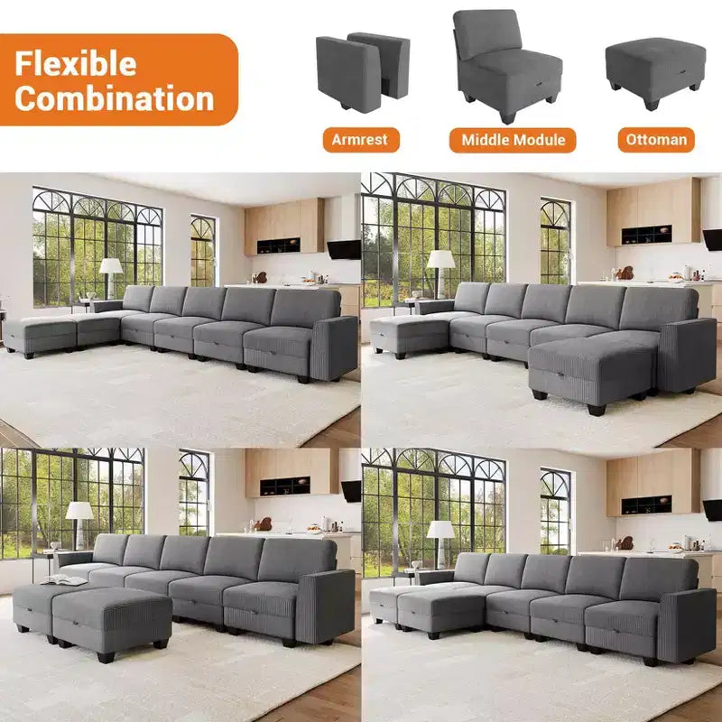 Canapé-lit modulaire GUSTOWAVE de 355 cm de largeur, canapé-lit sectionnel avec 7 sièges modulaires et rangement, méridienne
