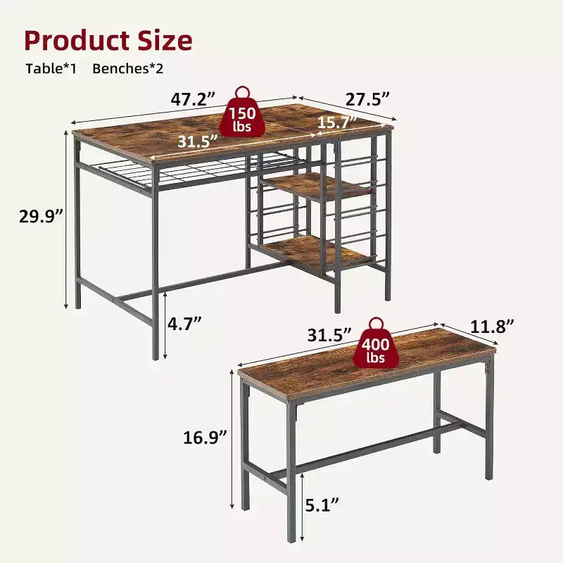 Coolmee 47 Dining Table Set for 4, 3 Pieces Kitchen Table Set with 2 Benches, Wine Rack and 2-Tier Storage Shelves, for Home