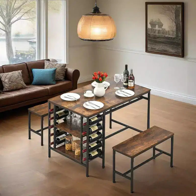Coolmee 47 Dining Table Set for 4, 3 Pieces Kitchen Table Set with 2 Benches, Wine Rack and 2-Tier Storage Shelves, for Home