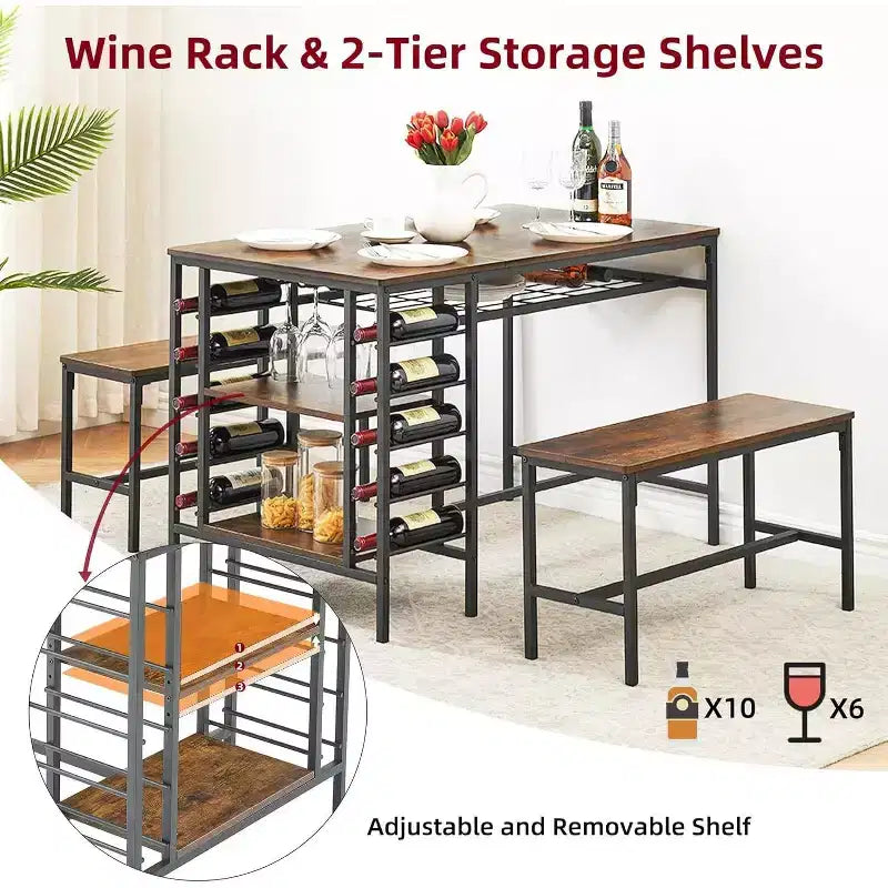 Coolmee 47 Dining Table Set for 4, 3 Pieces Kitchen Table Set with 2 Benches, Wine Rack and 2-Tier Storage Shelves, for Home