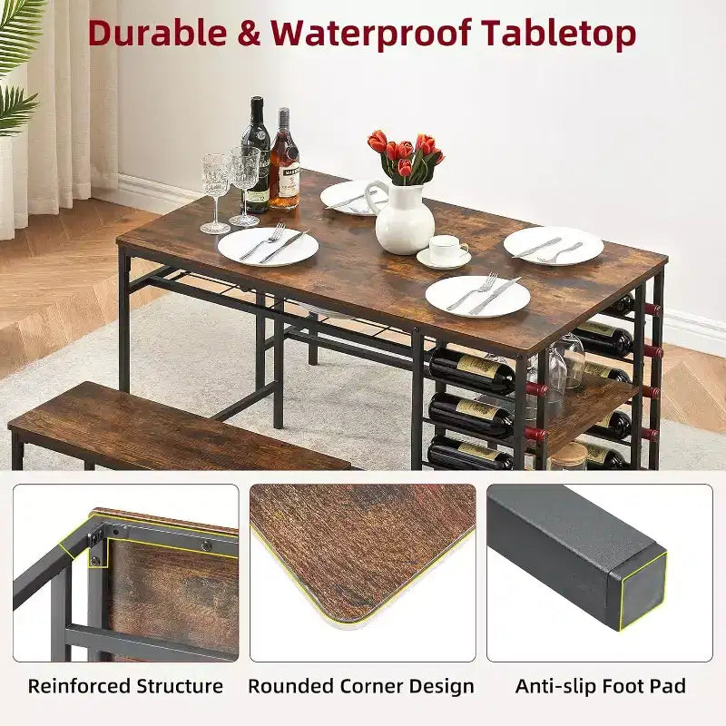Coolmee 47 Dining Table Set for 4, 3 Pieces Kitchen Table Set with 2 Benches, Wine Rack and 2-Tier Storage Shelves, for Home