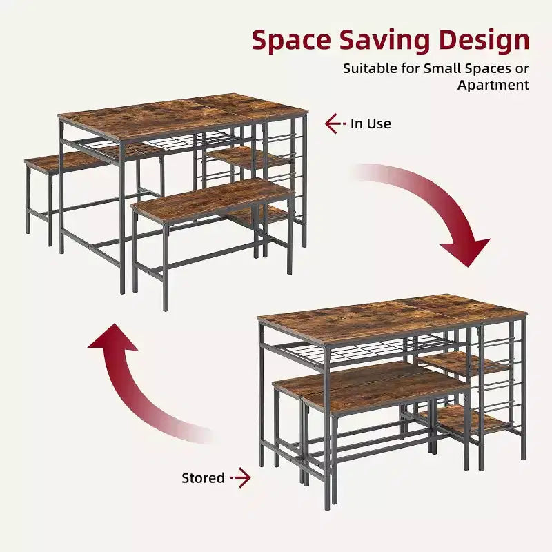 Coolmee 47 Dining Table Set for 4, 3 Pieces Kitchen Table Set with 2 Benches, Wine Rack and 2-Tier Storage Shelves, for Home
