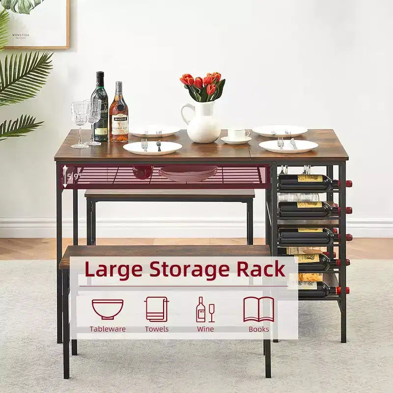 Coolmee 47 Dining Table Set for 4, 3 Pieces Kitchen Table Set with 2 Benches, Wine Rack and 2-Tier Storage Shelves, for Home
