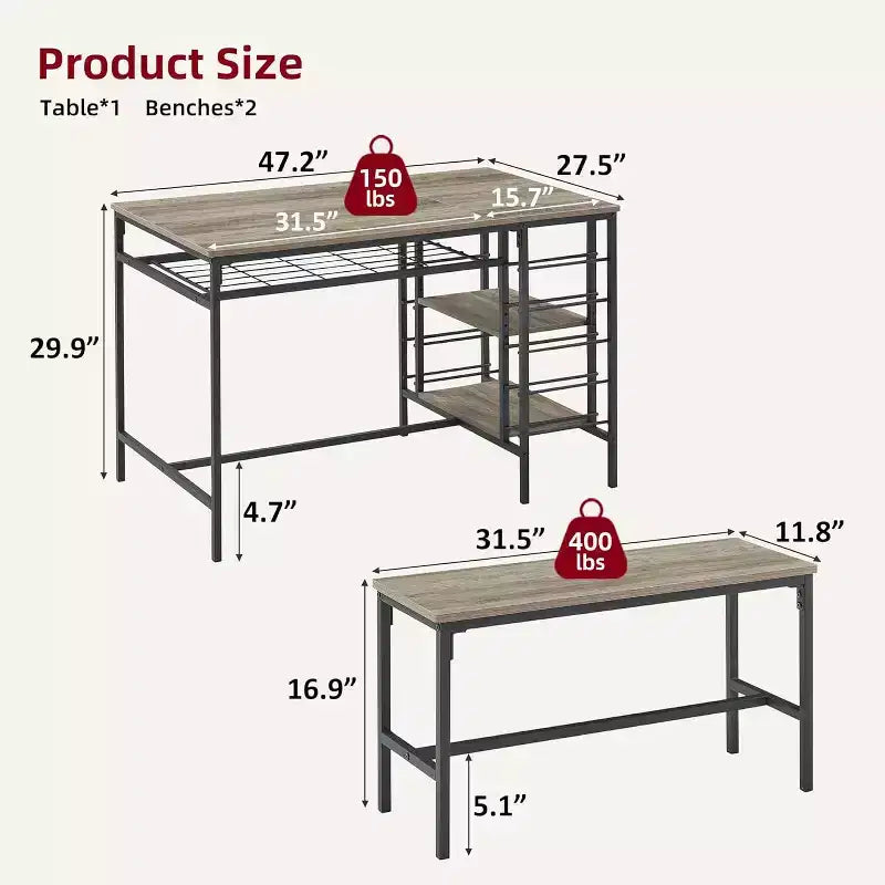 Coolmee 47 Dining Table Set for 4, 3 Pieces Kitchen Table Set with 2 Benches, Wine Rack and 2-Tier Storage Shelves, for Home
