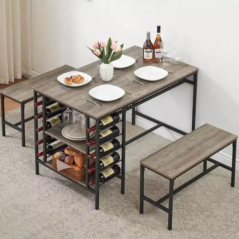 Coolmee 47 Dining Table Set for 4, 3 Pieces Kitchen Table Set with 2 Benches, Wine Rack and 2-Tier Storage Shelves, for Home