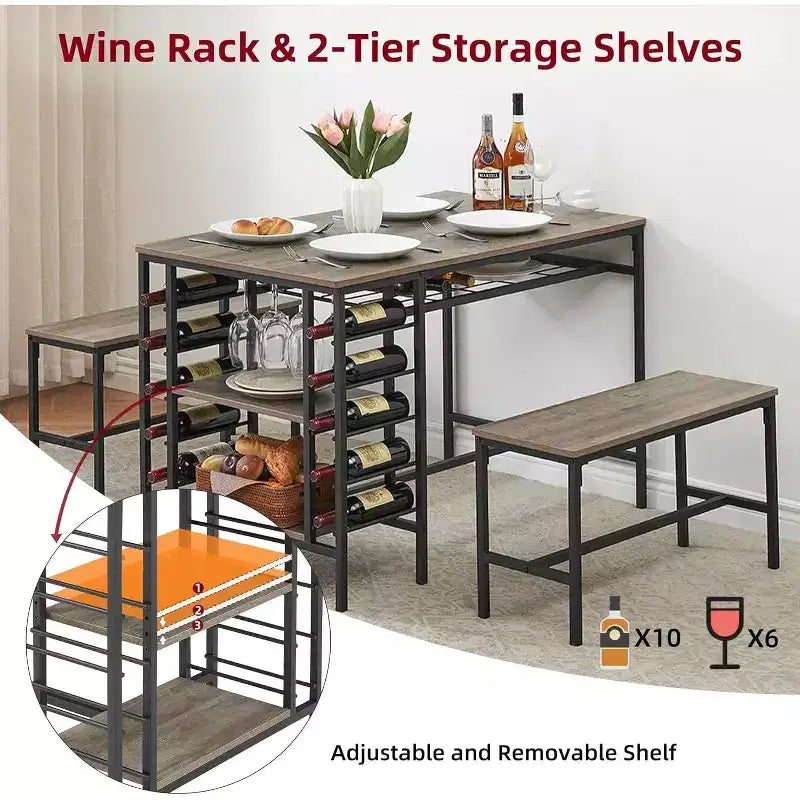 Coolmee 47 Dining Table Set for 4, 3 Pieces Kitchen Table Set with 2 Benches, Wine Rack and 2-Tier Storage Shelves, for Home