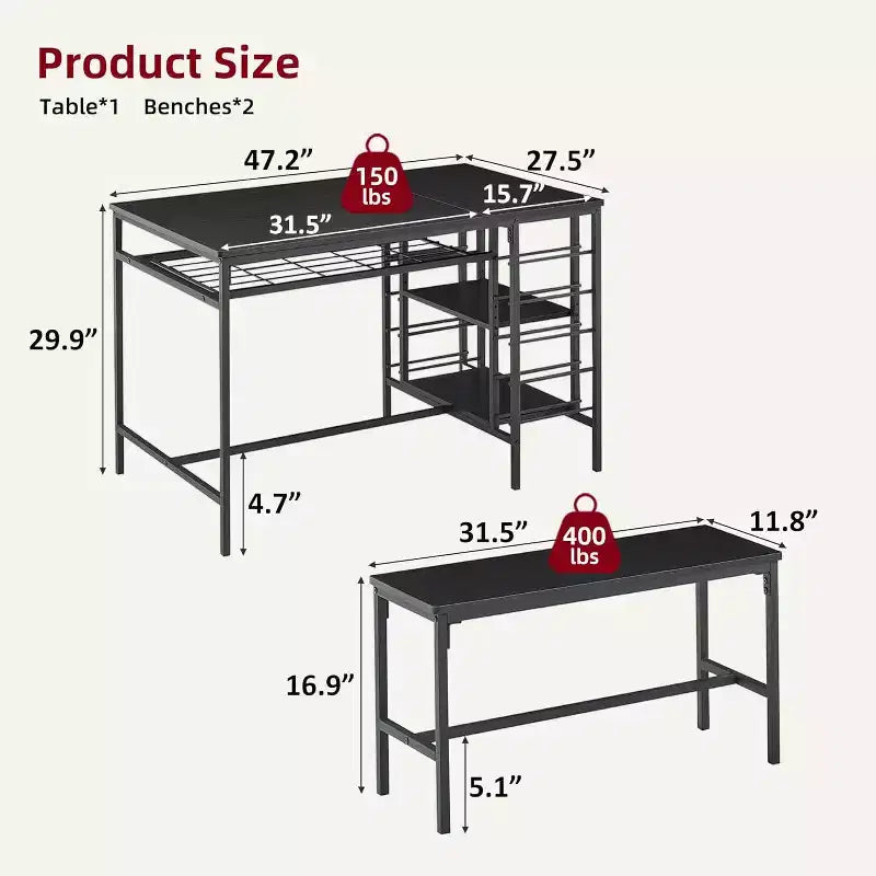 Coolmee 47 Dining Table Set for 4, 3 Pieces Kitchen Table Set with 2 Benches, Wine Rack and 2-Tier Storage Shelves, for Home