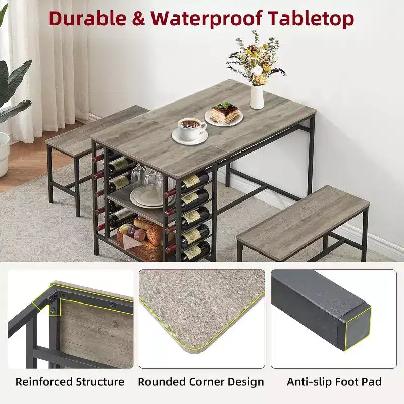 Coolmee 47 Dining Table Set for 4, 3 Pieces Kitchen Table Set with 2 Benches, Wine Rack and 2-Tier Storage Shelves, for Home