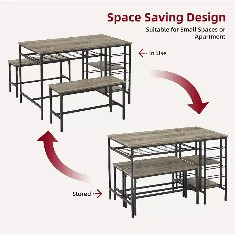 Coolmee 47 Dining Table Set for 4, 3 Pieces Kitchen Table Set with 2 Benches, Wine Rack and 2-Tier Storage Shelves, for Home